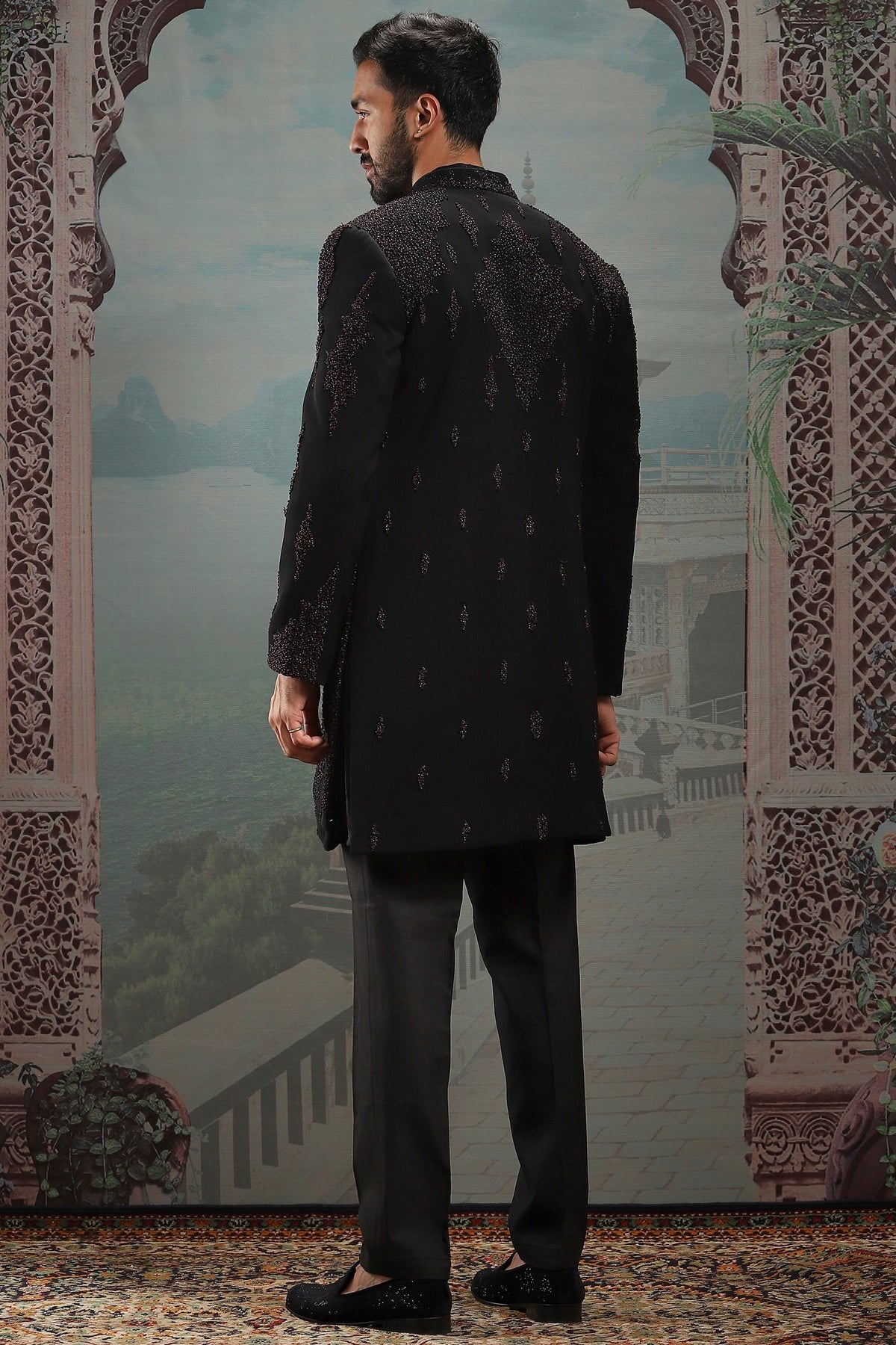 Black Open French Knot Embroidered Indowestern
