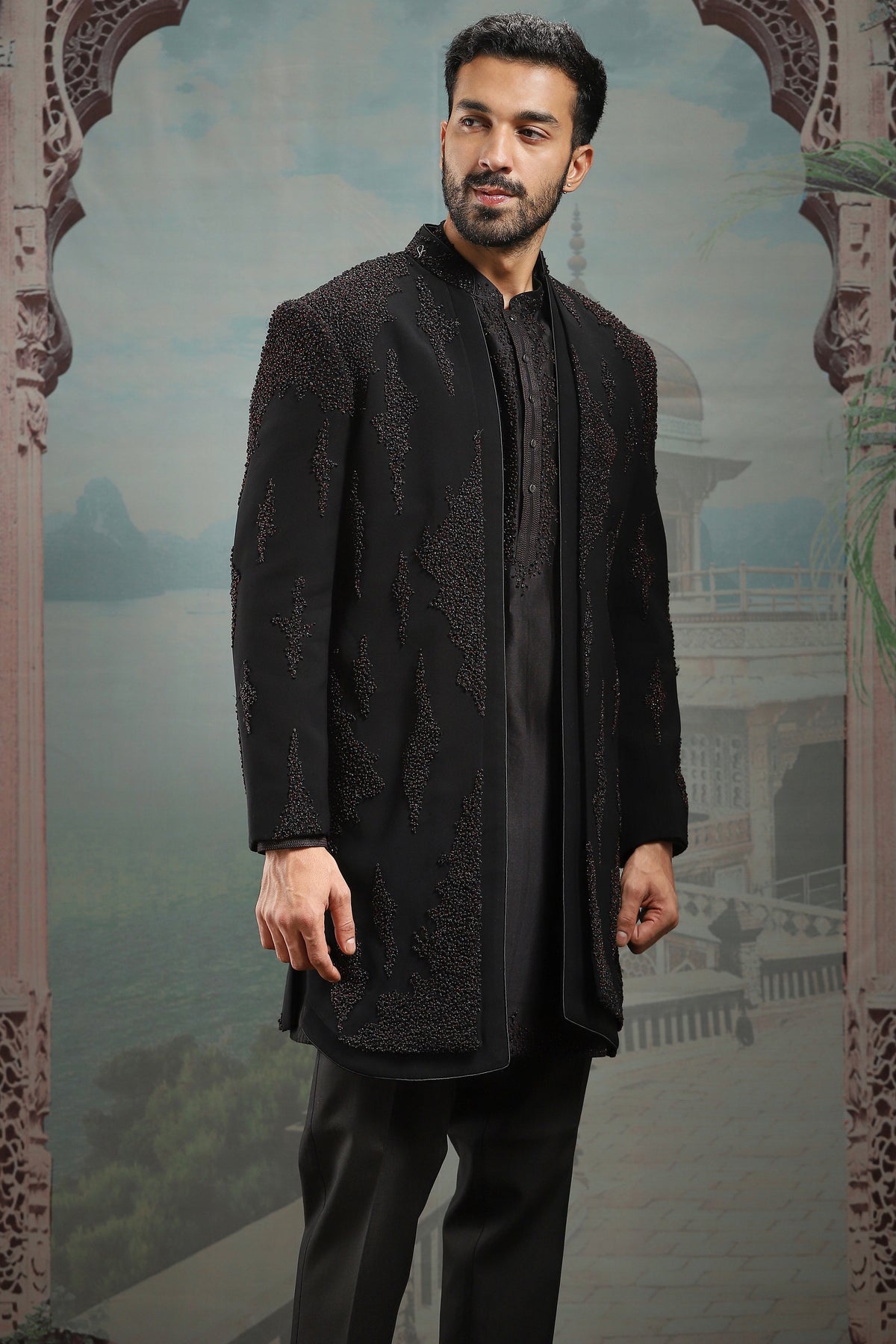 Black Open French Knot Embroidered Indowestern