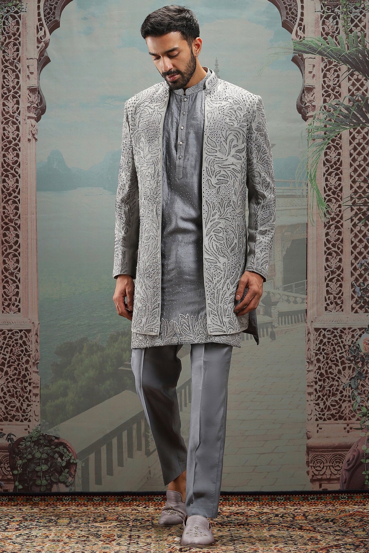 Grey Raw Silk Dabka Embroidered Sherwani Set