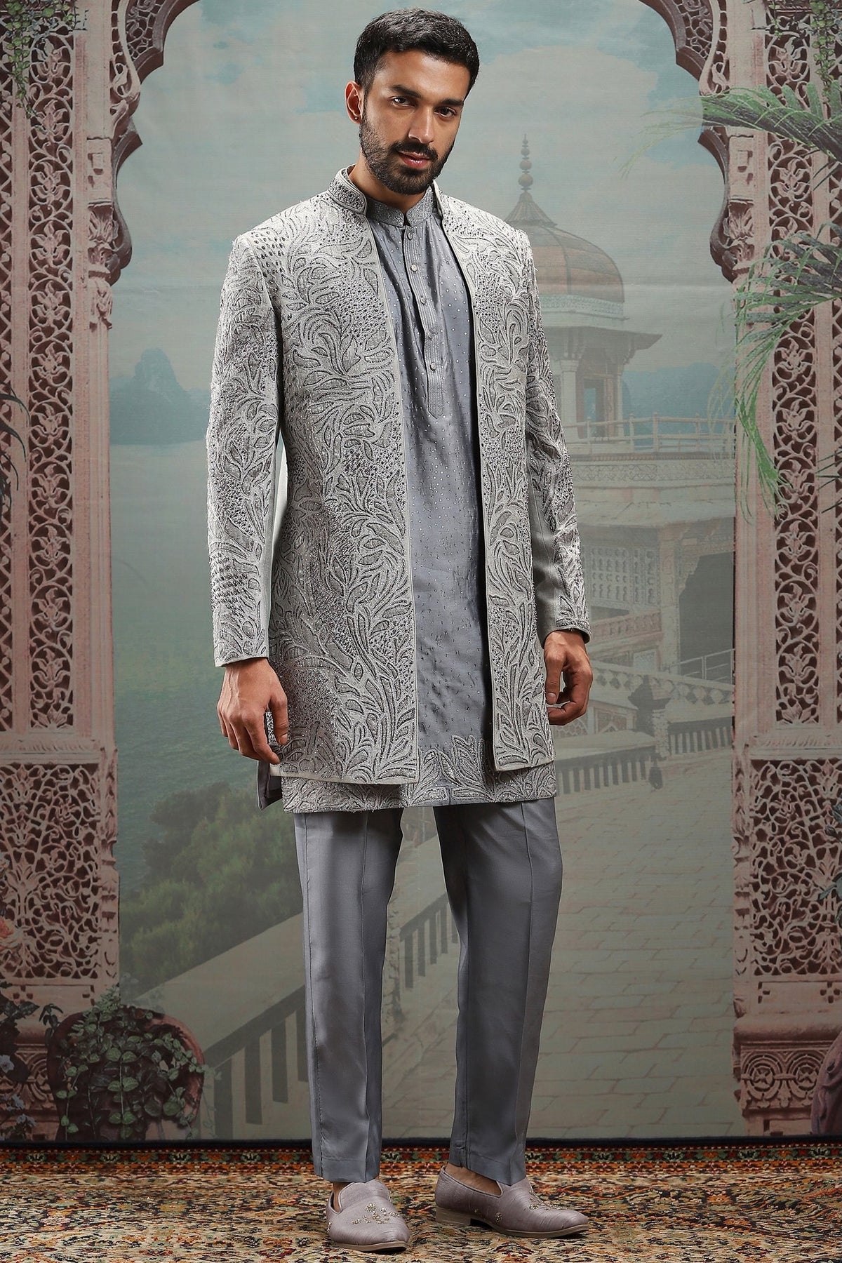 Grey Raw Silk Dabka Embroidered Sherwani Set