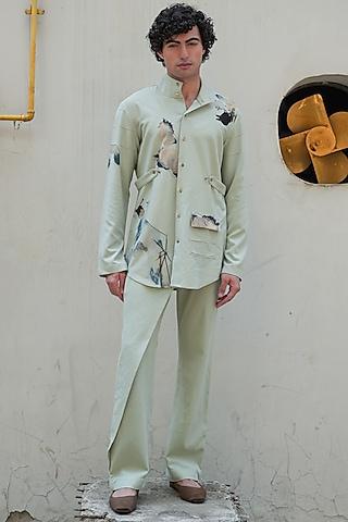 Green Knit Linen Placement Printed Overshirt