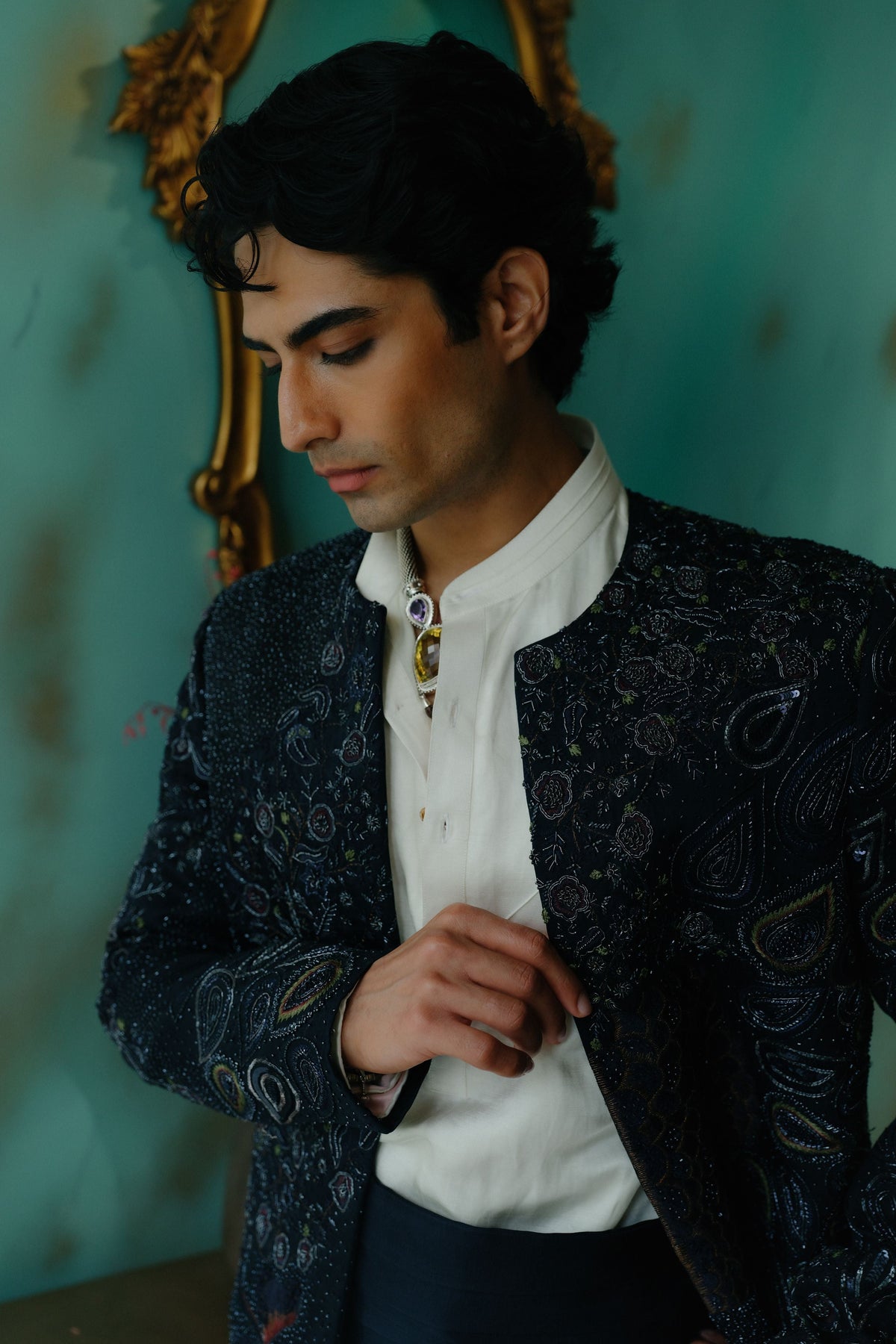 Midnight Blue Hand Embroidered Short Jacket Set