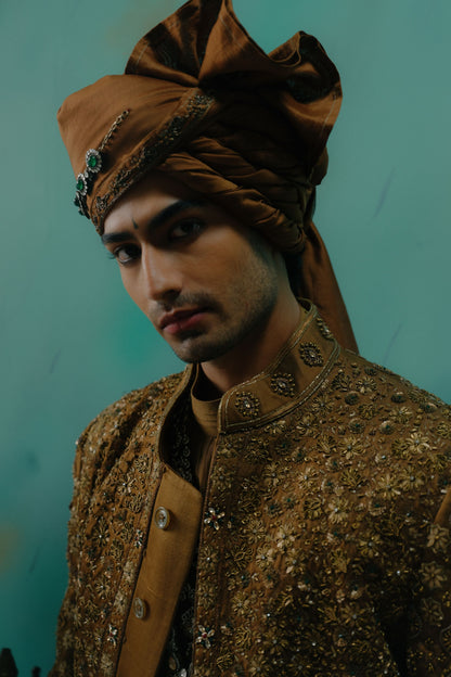 Bronze Hand Embroidered Silk Sherwani Set