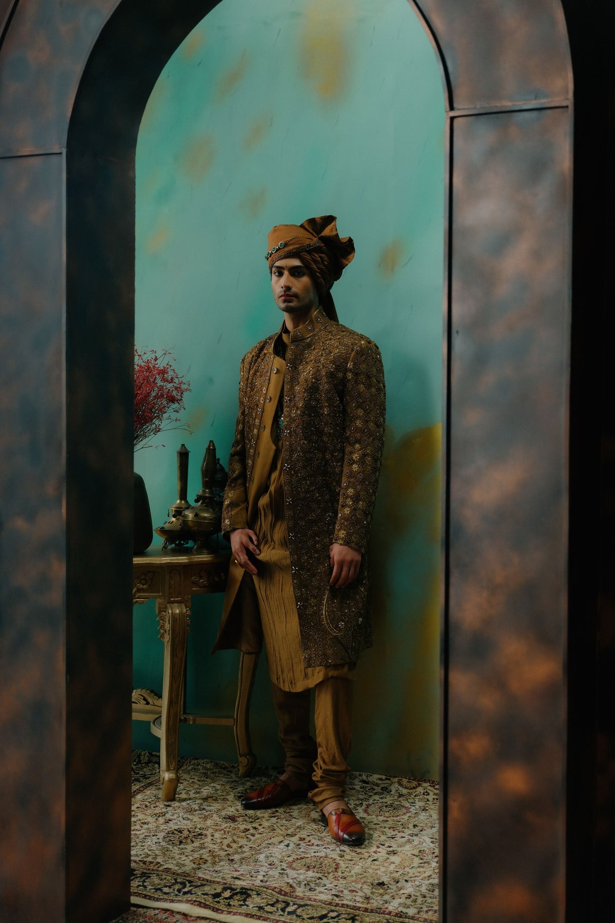 Bronze Hand Embroidered Silk Sherwani Set