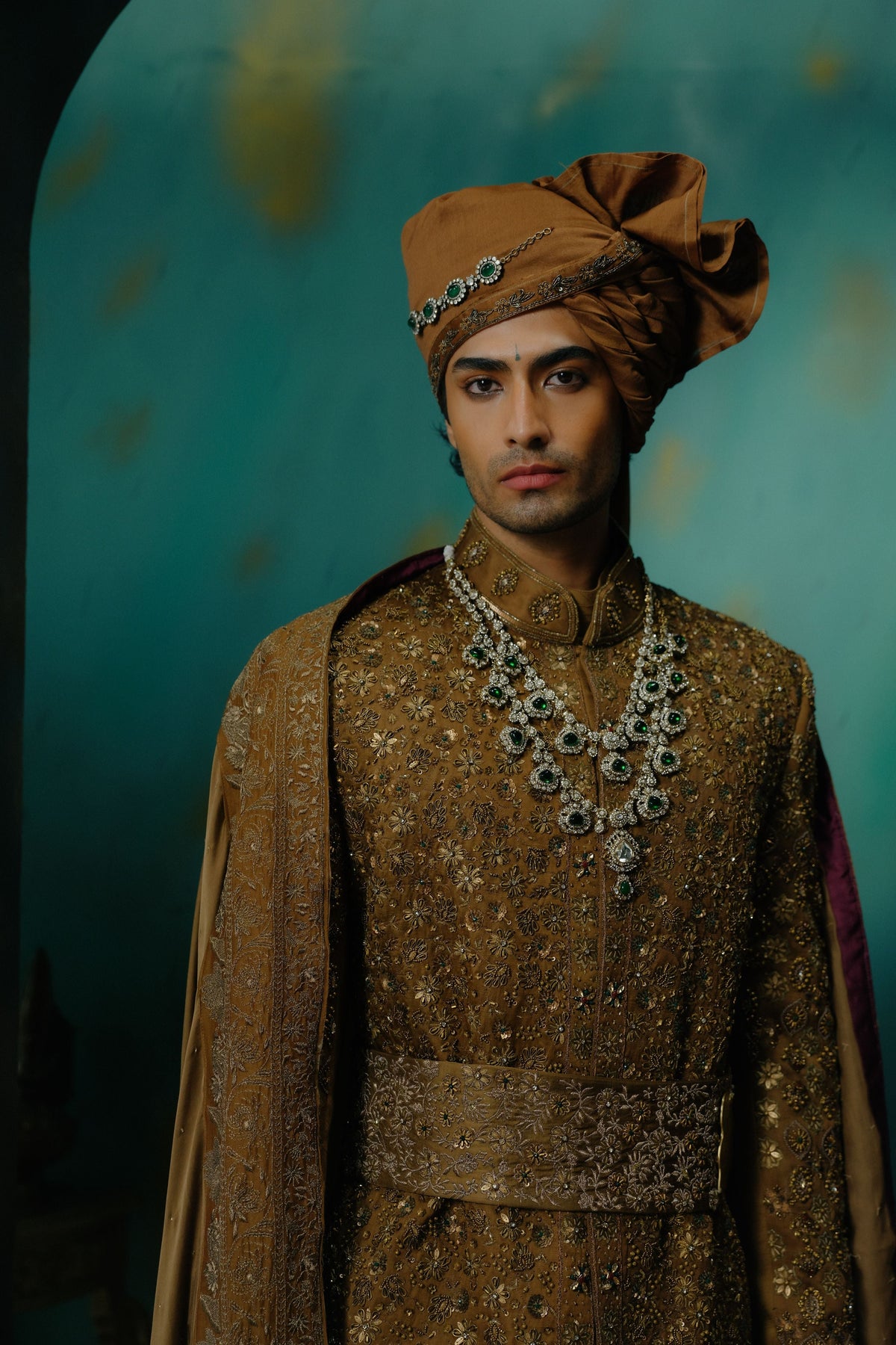 Bronze Hand Embroidered Silk Sherwani Set