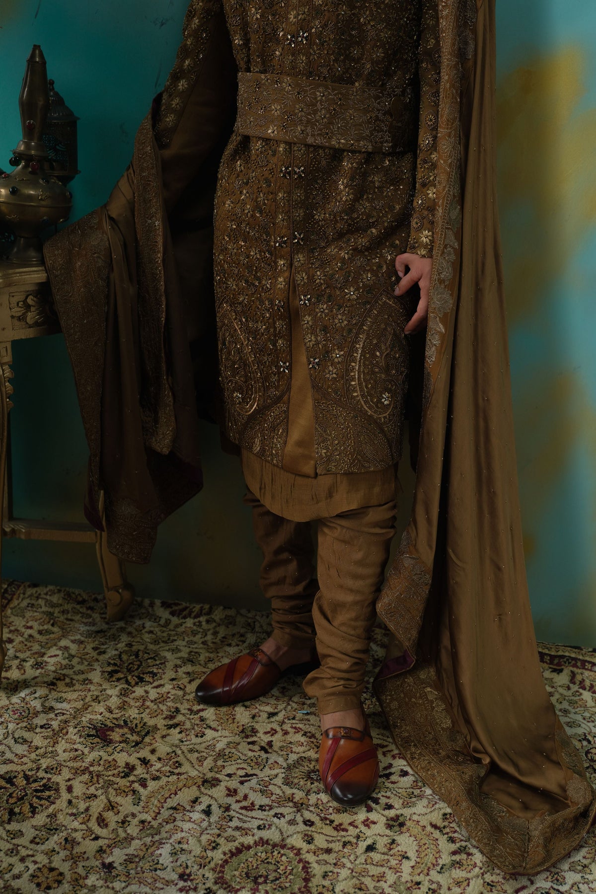 Bronze Hand Embroidered Silk Sherwani Set