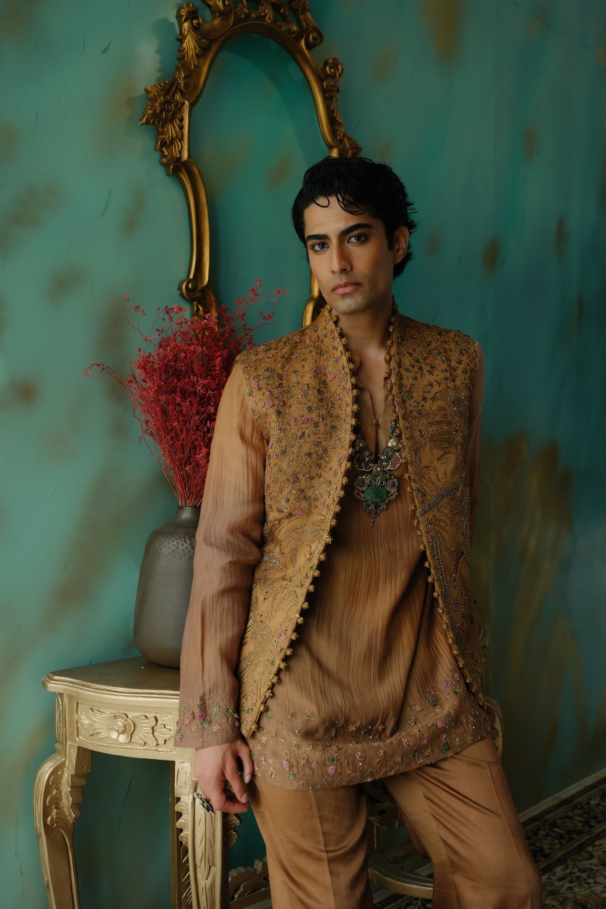 Sunlit Brass Hand Embroidered Silk Nehru Jacket Set