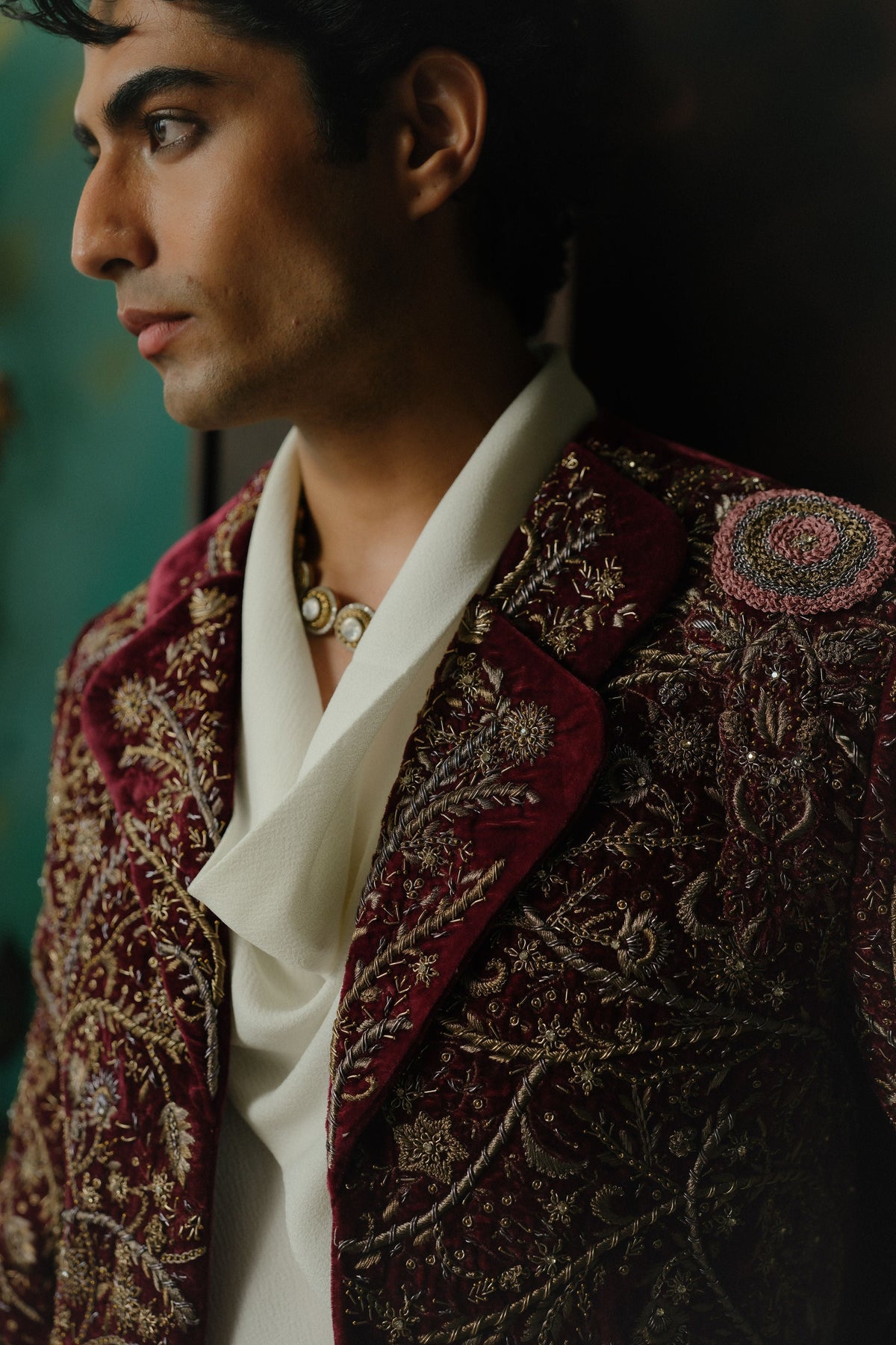 Wine Hand Embroidered Velvet Blazer Set