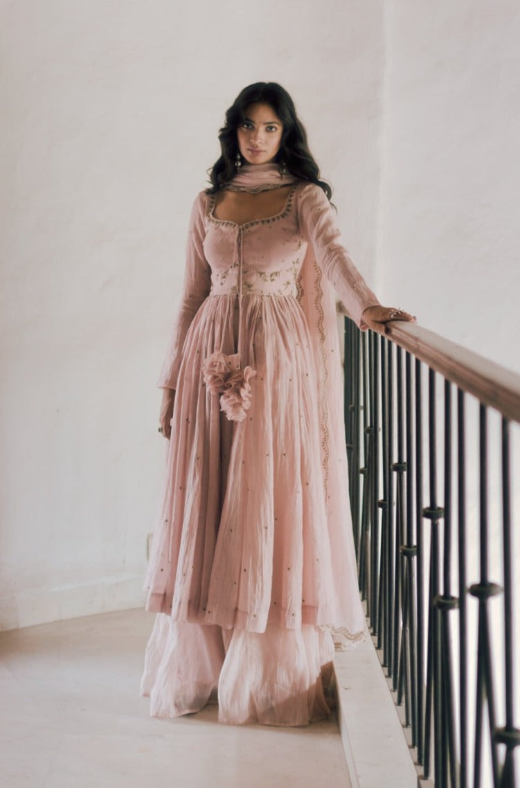 Powder Pink Thread Anarkali And Sharara Set