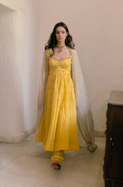 Yellow Anarkali Set With Off White Dupatta