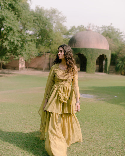Parrot Green Thread Peplum And Sharara Set