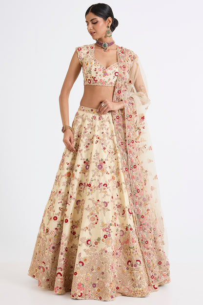 Ivory Raw Silk Zari Hand & Machine Embroidered Lehenga Set