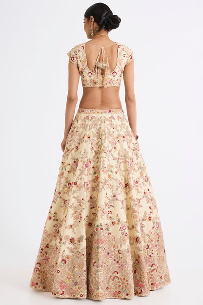 Ivory Raw Silk Zari Hand & Machine Embroidered Lehenga Set