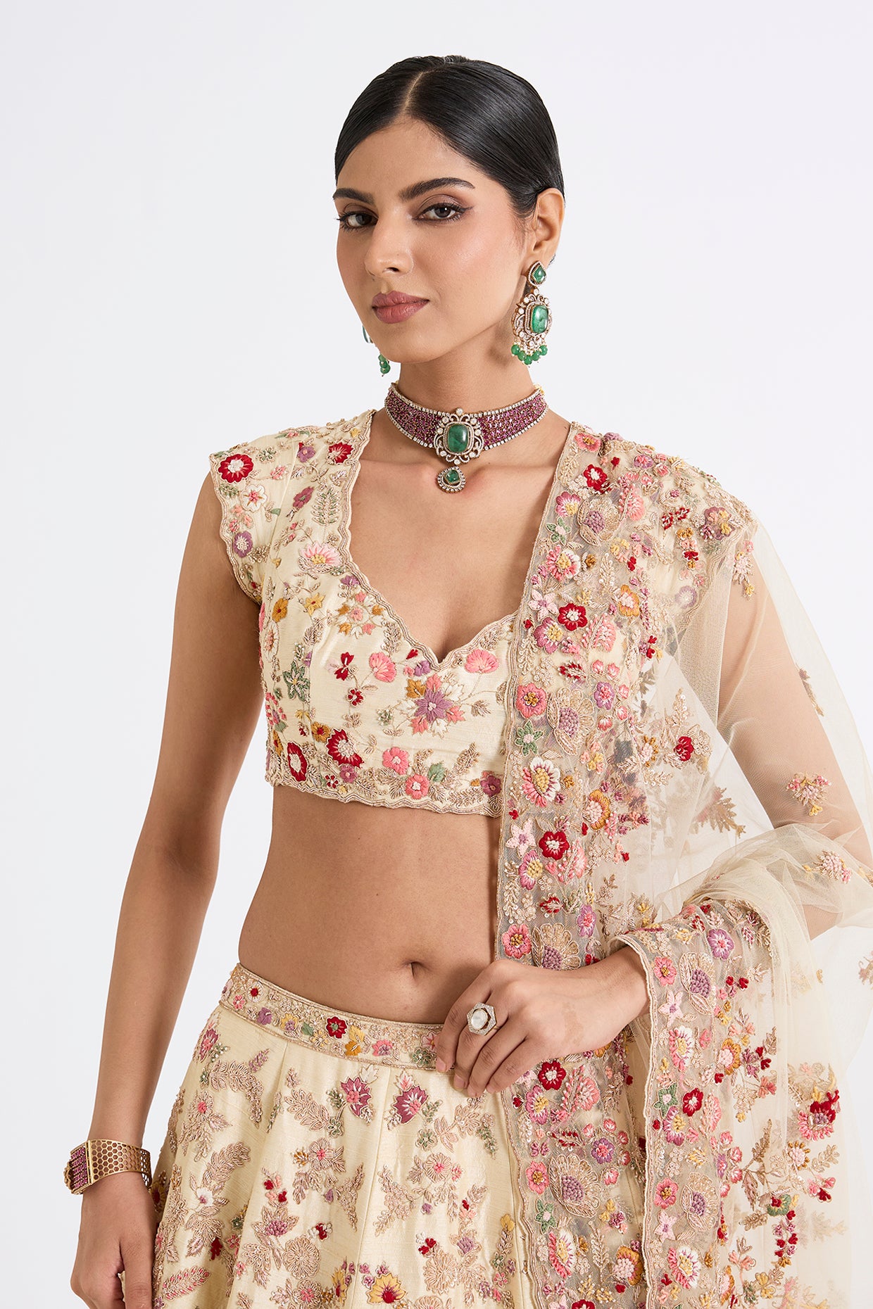 Ivory Raw Silk Zari Hand & Machine Embroidered Lehenga Set