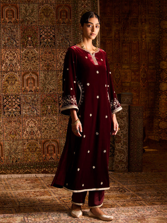 Gulnaar Maroon Velvet Suit Set