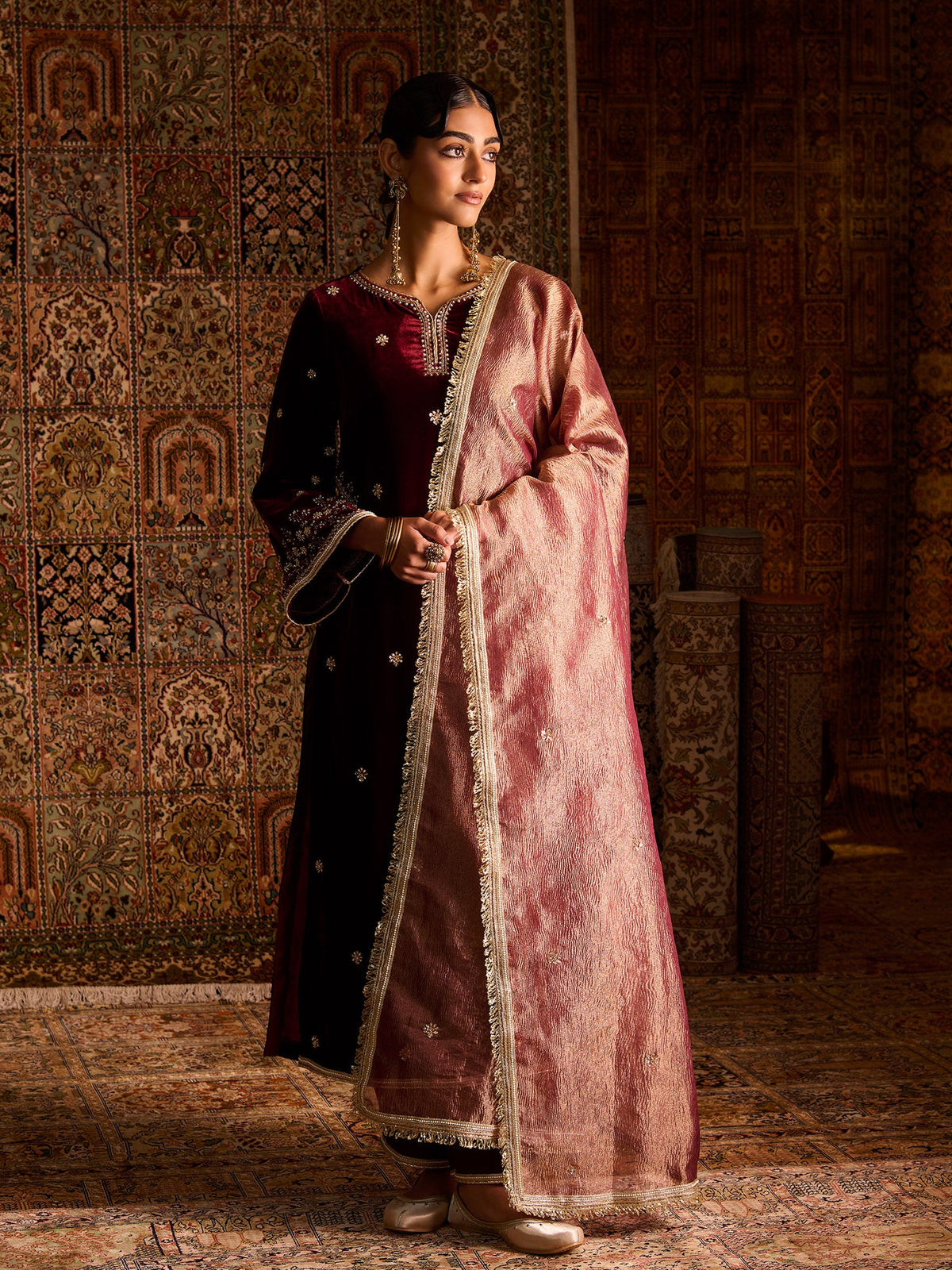 Gulnaar Maroon Velvet Suit Set