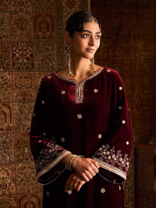 Gulnaar Maroon Velvet Suit Set