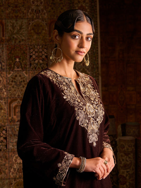 Zaarin Brown Velvet Pheran Set