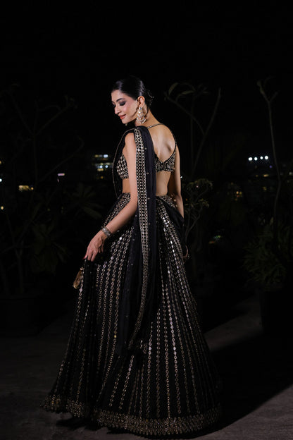 HANNA KHAN In Black Linear Mirror Embroidered Lehenga Set