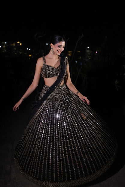 HANNA KHAN In Black Linear Mirror Embroidered Lehenga Set