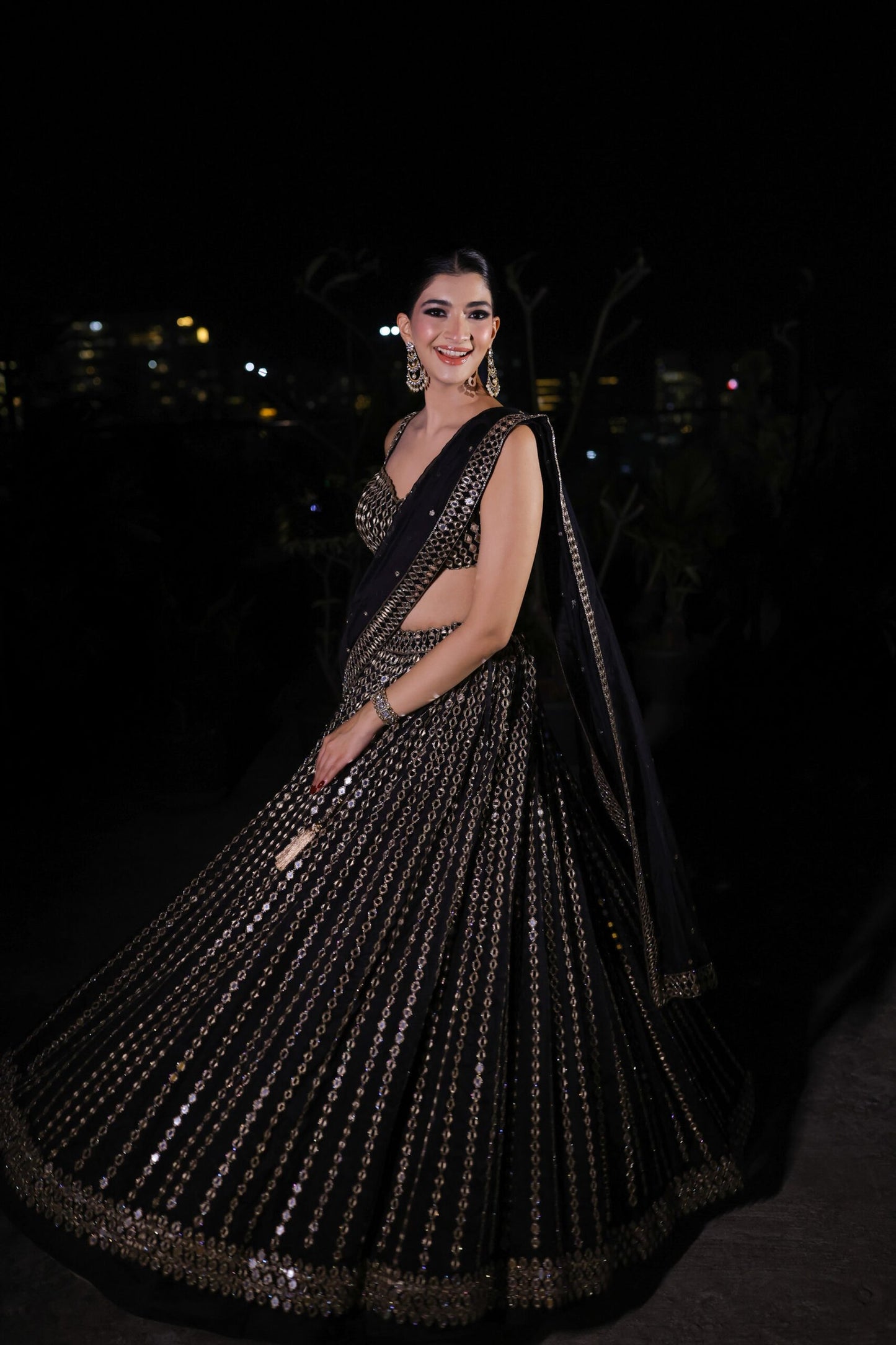 HANNA KHAN In Black Linear Mirror Embroidered Lehenga Set
