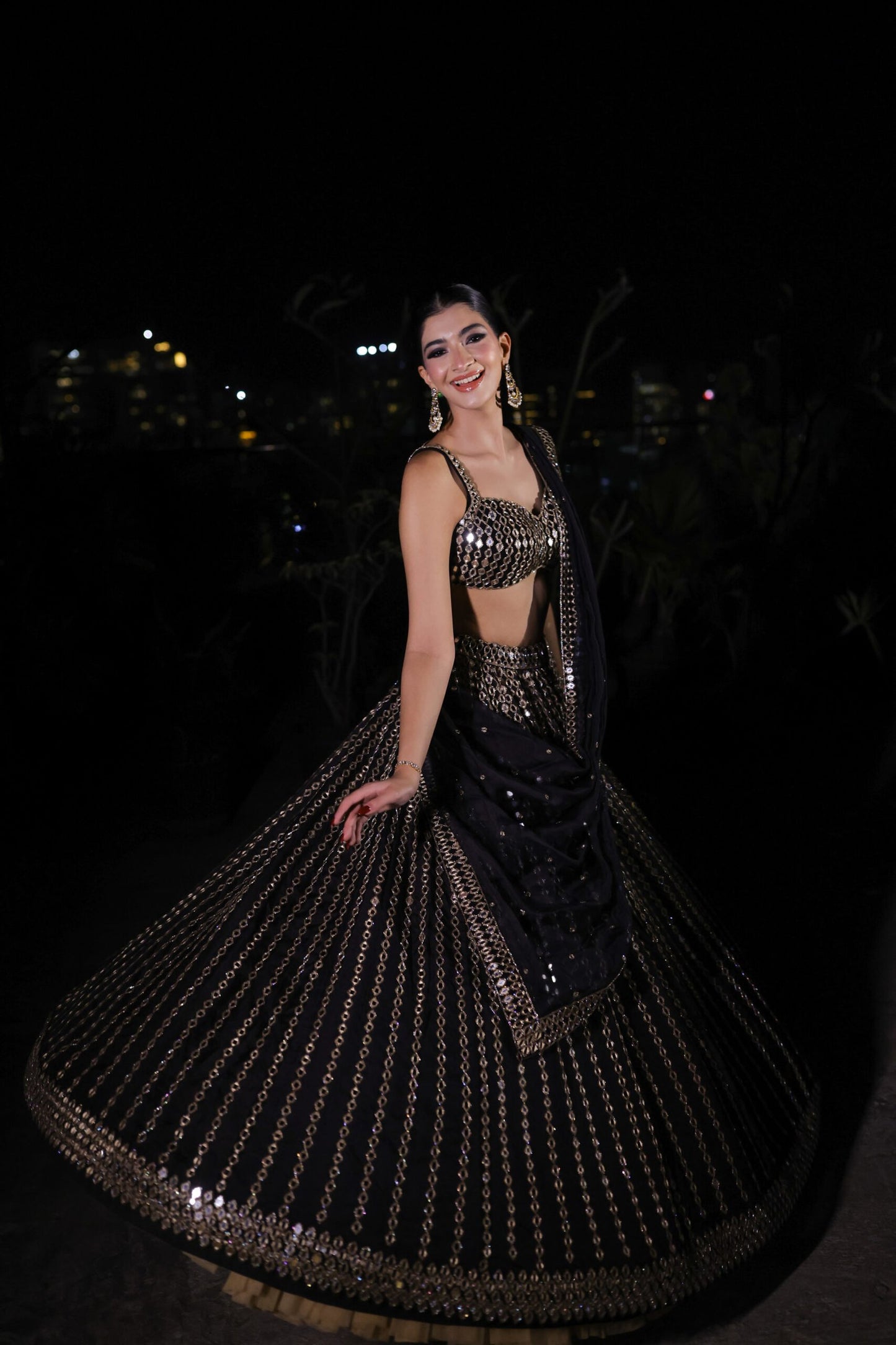 HANNA KHAN In Black Linear Mirror Embroidered Lehenga Set