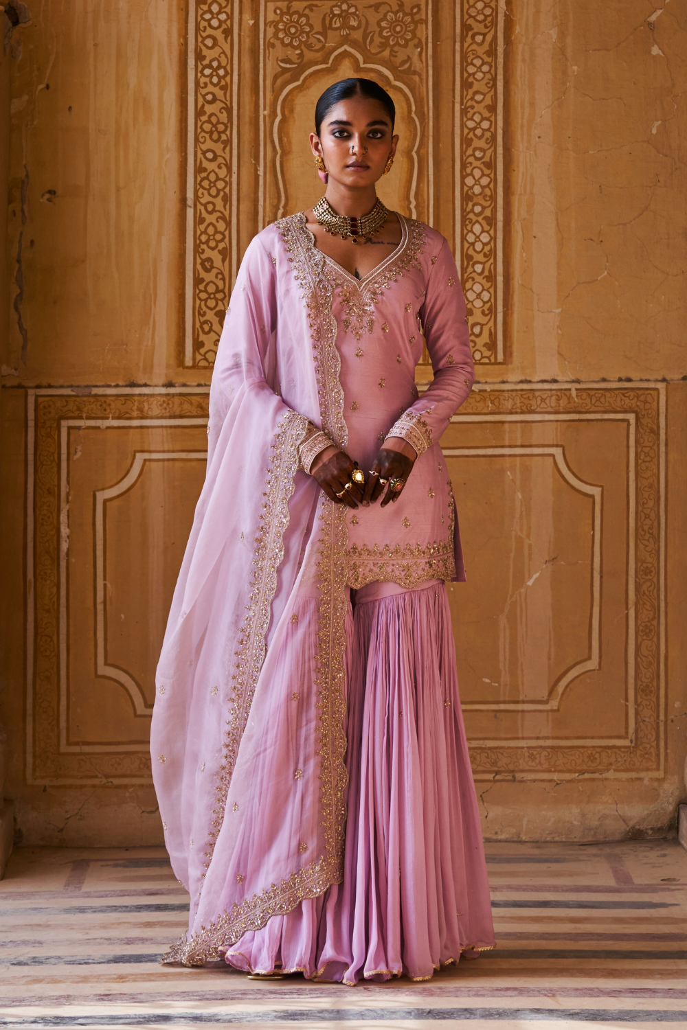 Lavender Dupion Silk Kurta & Chinon Amba Gharara Set