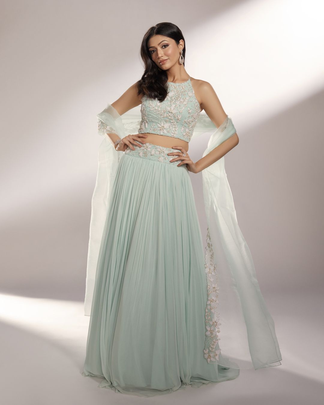 Light Aqua Organza Aster Embellished Lehenga Set