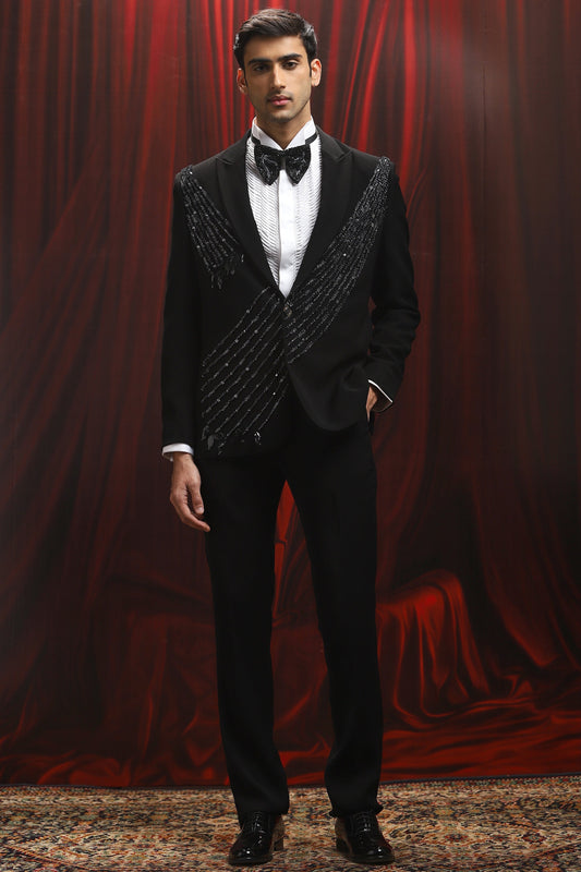 Black Cosmic Currents Embroidered Tuxedo Set