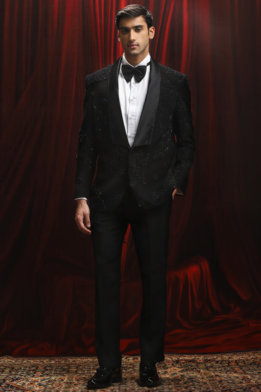 Black Shimmer Embroidered Tuxedo Set