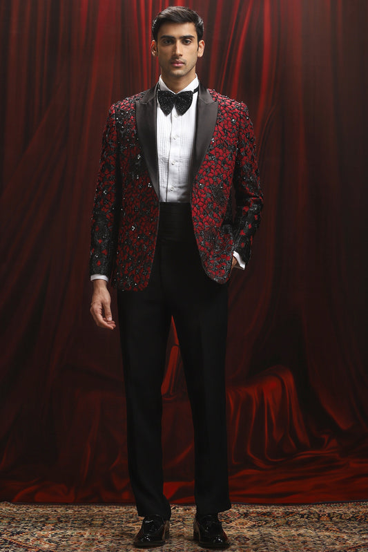 Daring Red Embroidered Tuxedo Set