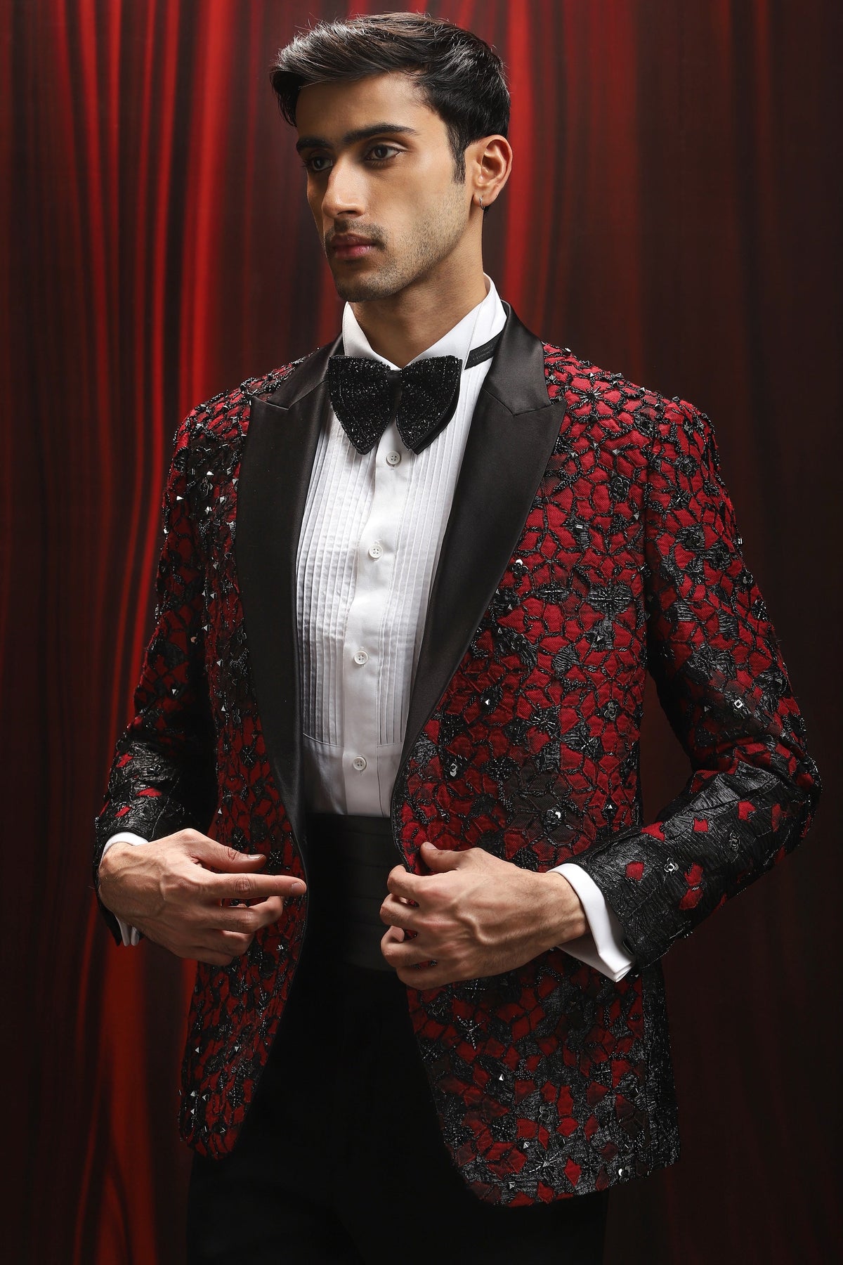 Daring Red Embroidered Tuxedo Set