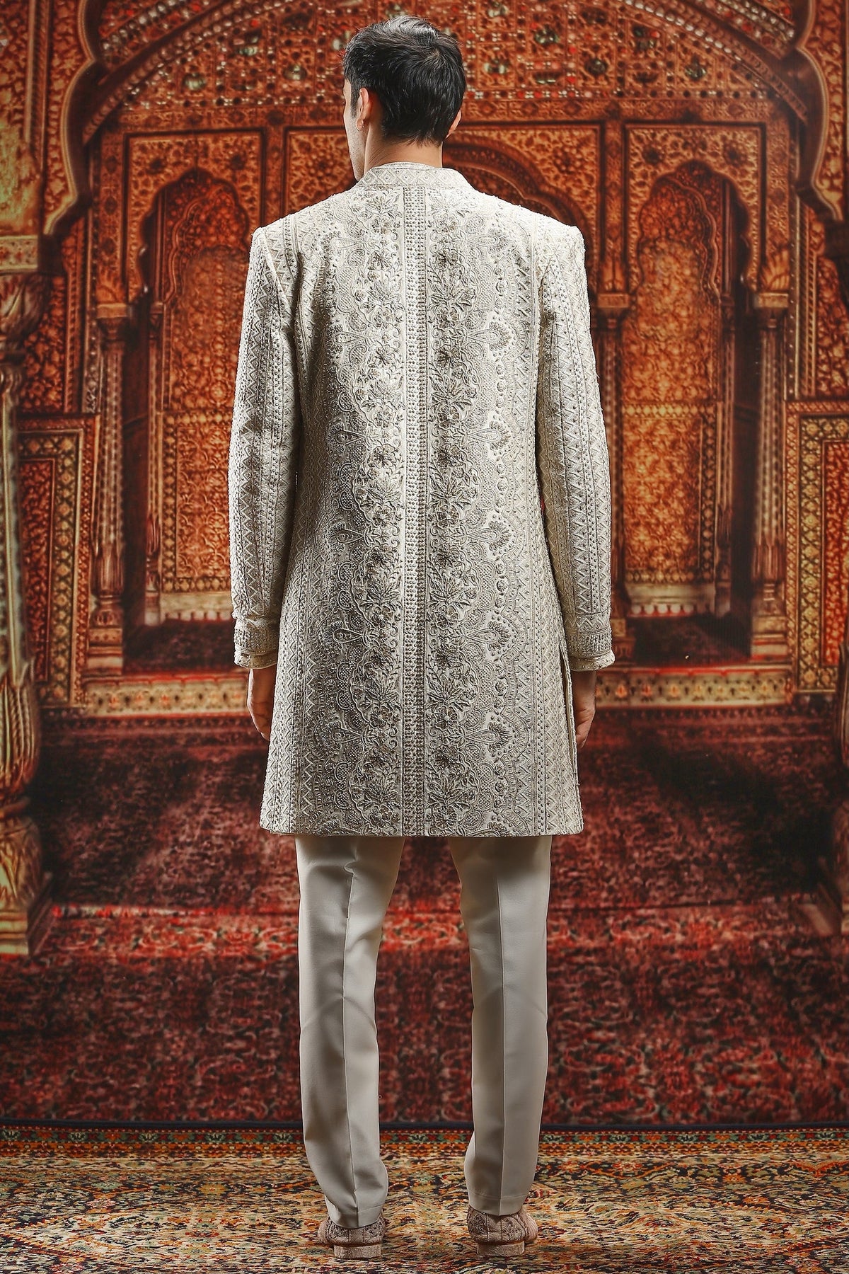 Cream Open Dabka Embroidered Sherwani Set