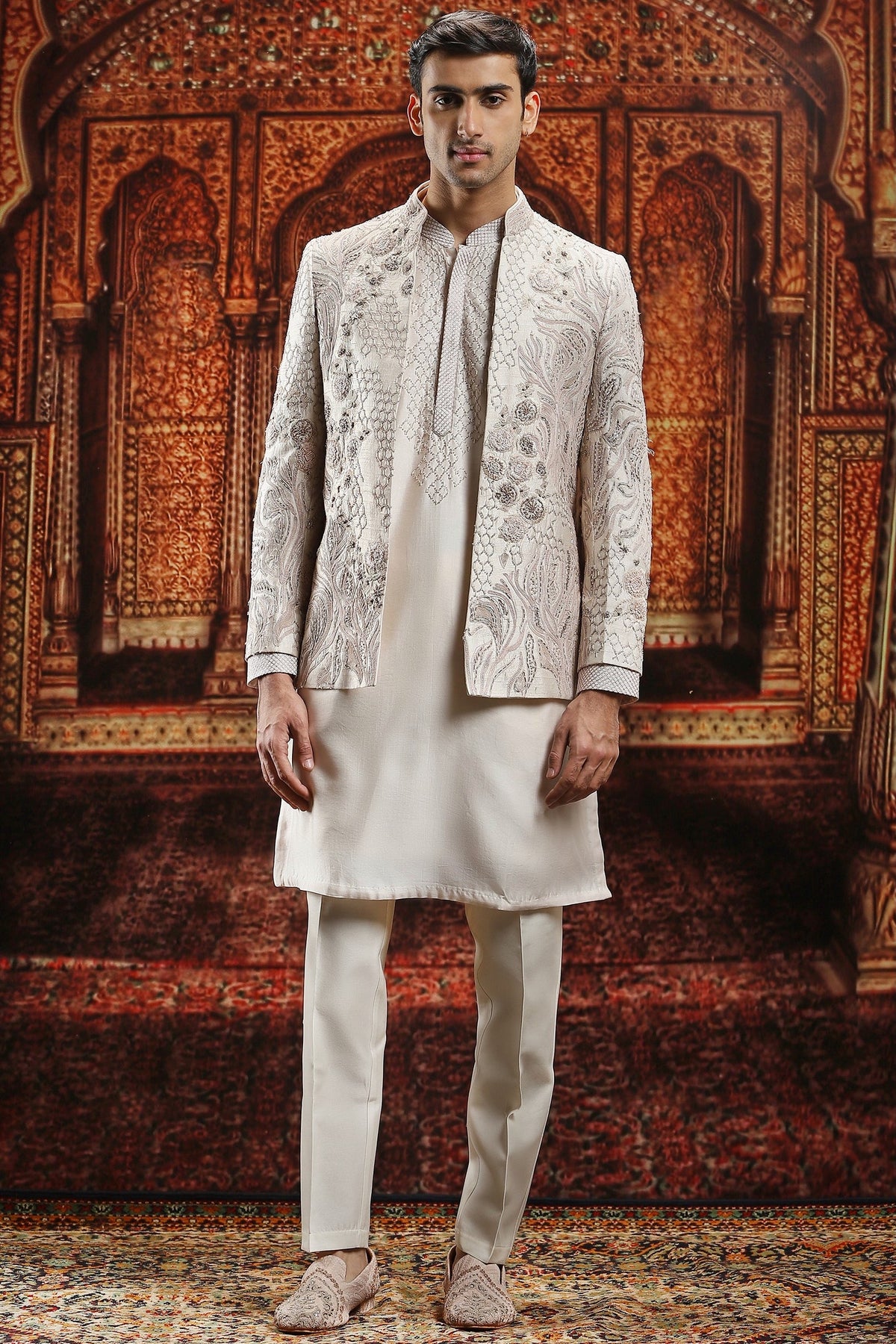 Ivory Raw Silk Pitta Embroidered Bandhgala