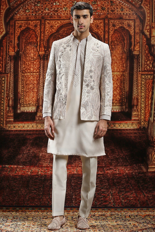 Ivory Raw Silk Pitta Embroidered Bandhgala