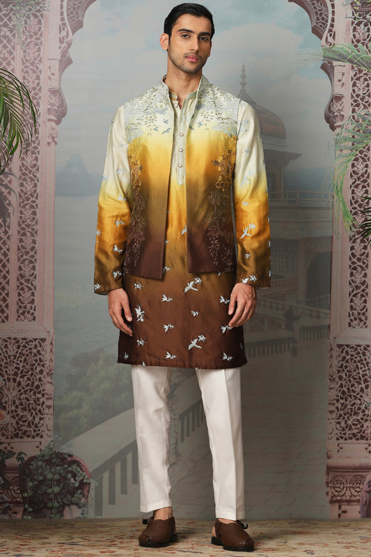 Sunset Golden Floral Embroidered Open Kurta Bundi Set