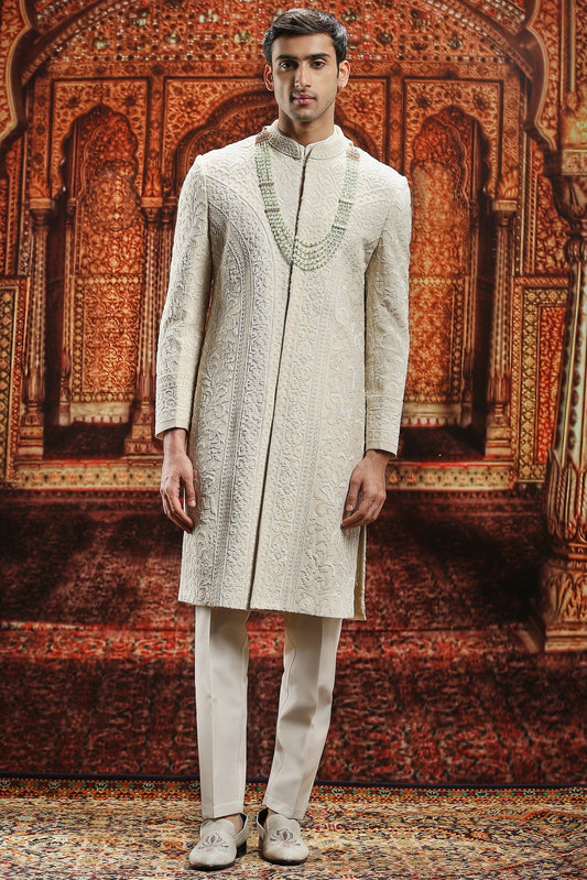 Ivory Chanderi Cutdana Embroidered Sherwani Set