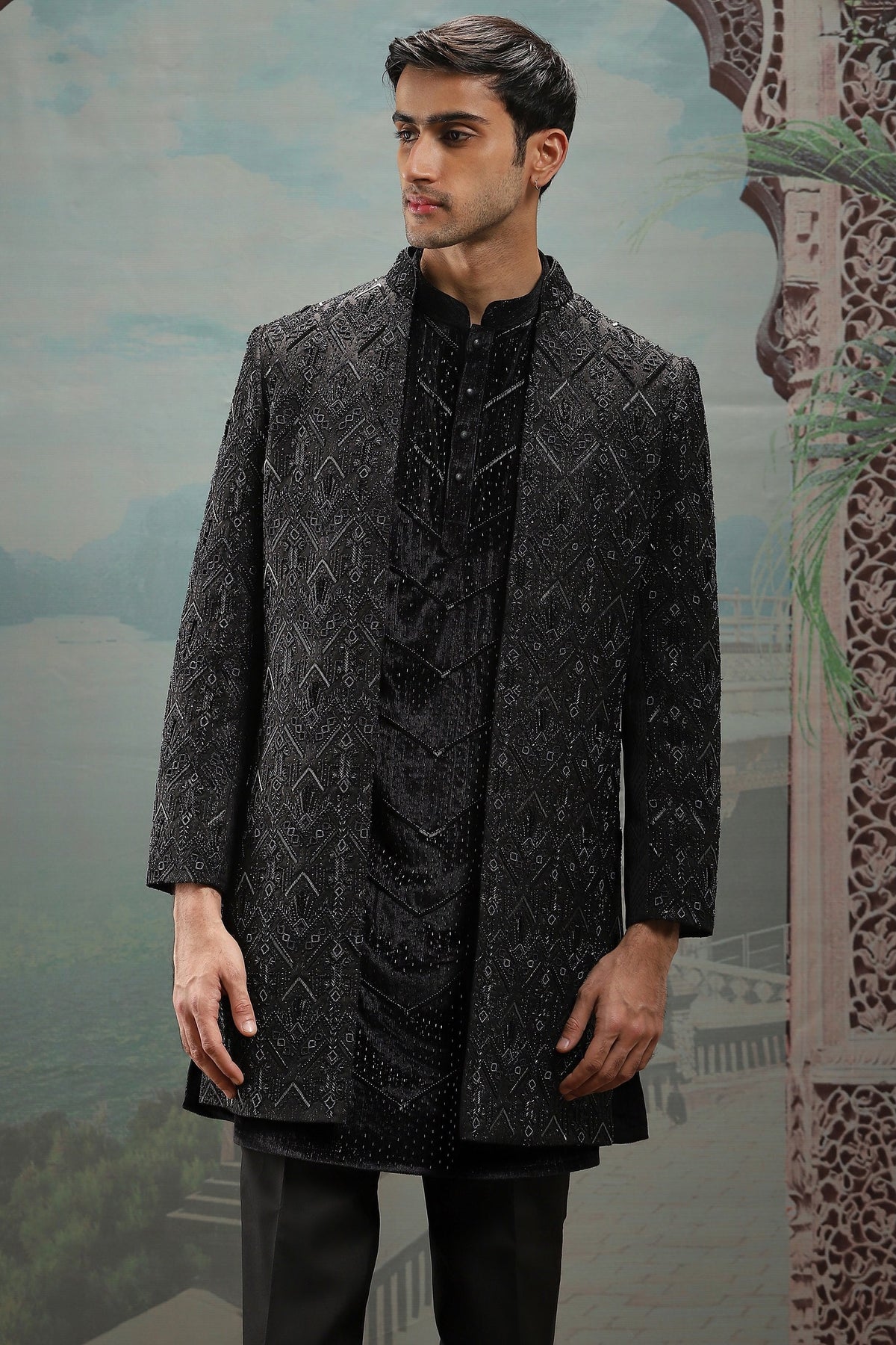 Black Zari Embroidered Open Indowestern