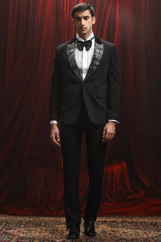 Black Cosmic Grid Embroidered Tuxedo Set