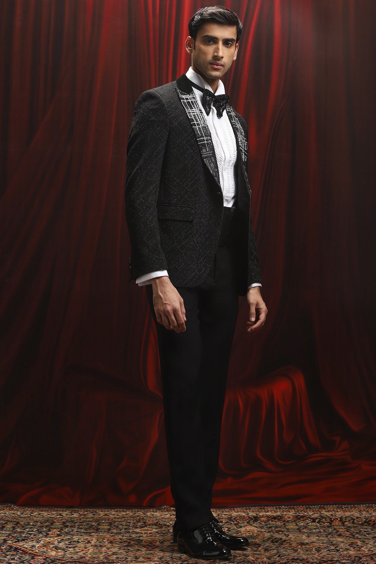 Black Cosmic Grid Embroidered Tuxedo Set