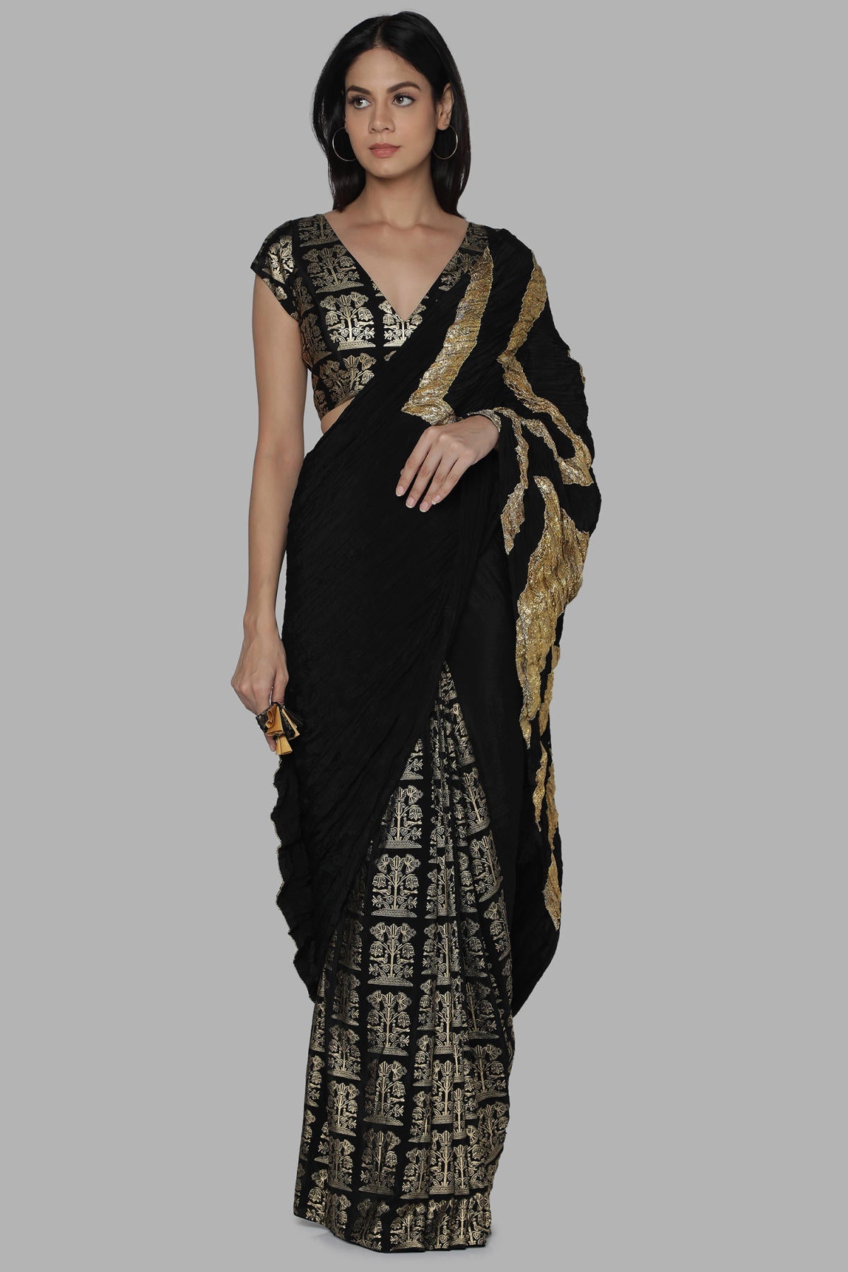Black Bunch Of Birds Crinkle Gota Sari