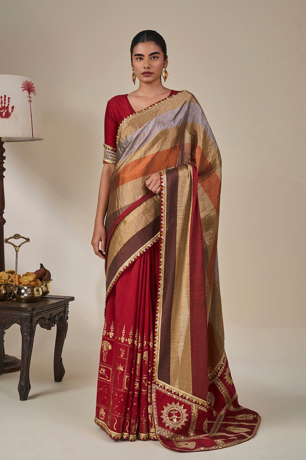 Red Tropical Stardust Saree