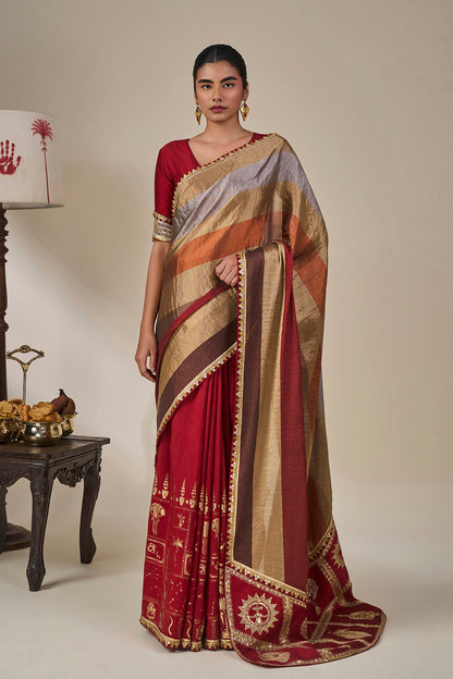 Red Tropical Stardust Saree