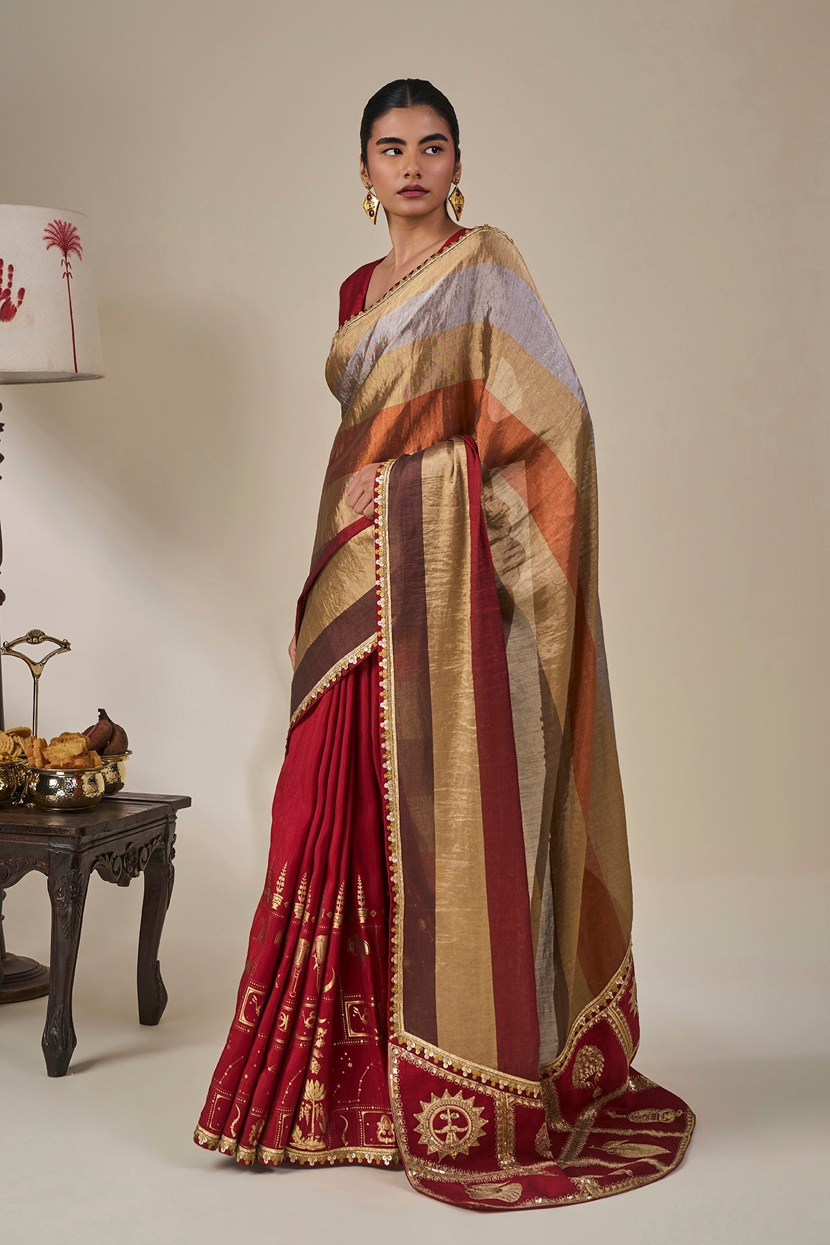 Red Tropical Stardust Saree
