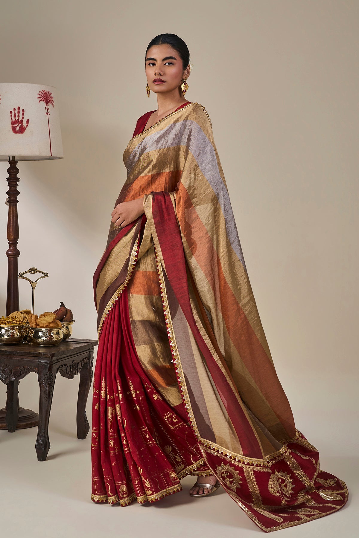 Red Tropical Stardust Saree