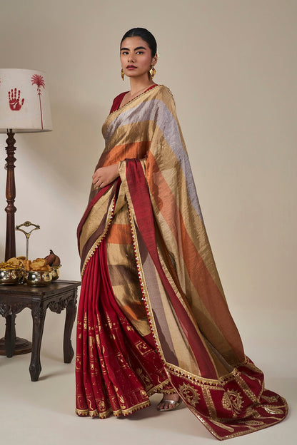 Red Tropical Stardust Saree