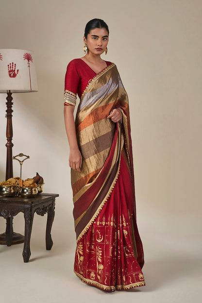 Red Tropical Stardust Saree