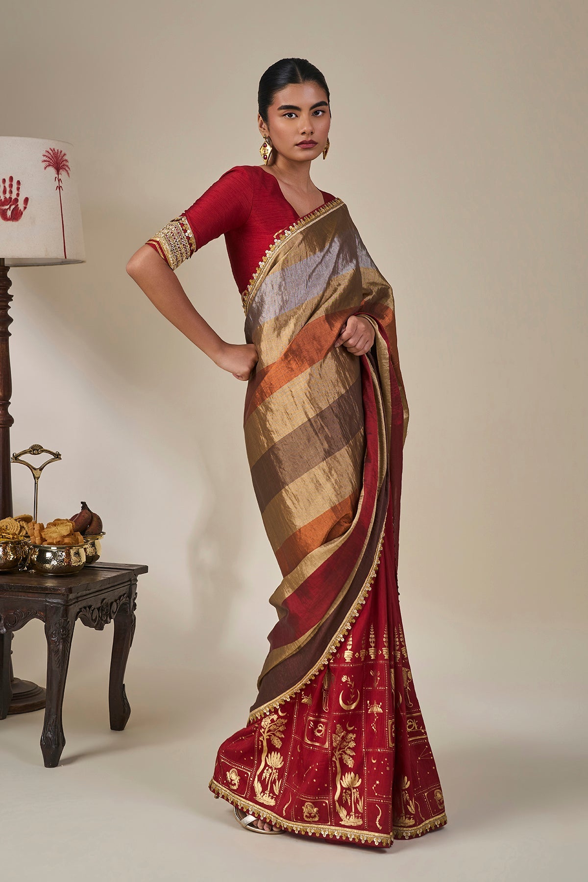 Red Tropical Stardust Saree