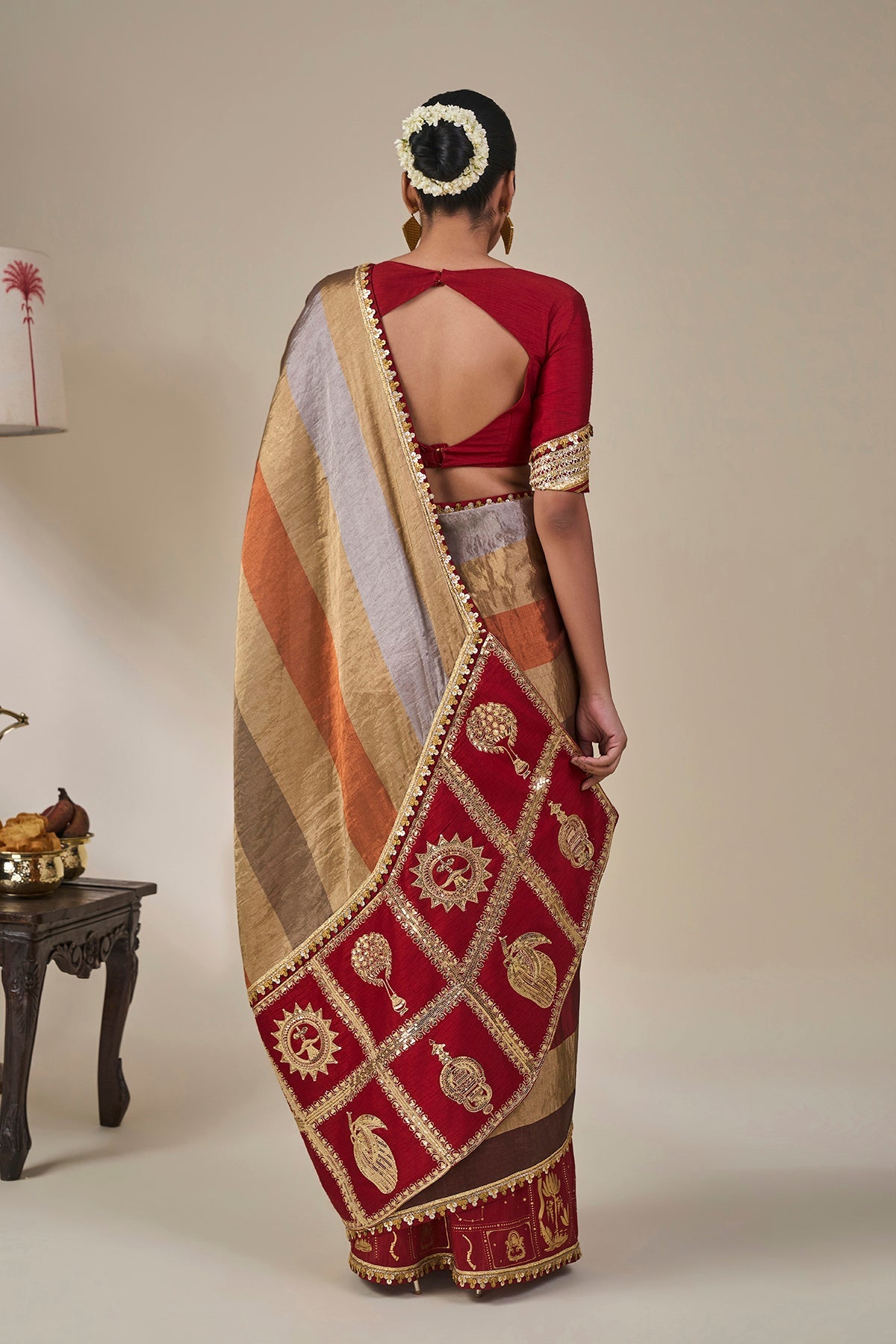 Red Tropical Stardust Saree