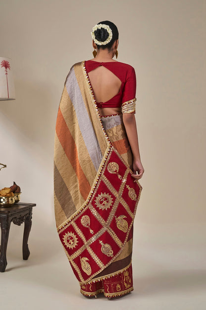 Red Tropical Stardust Saree